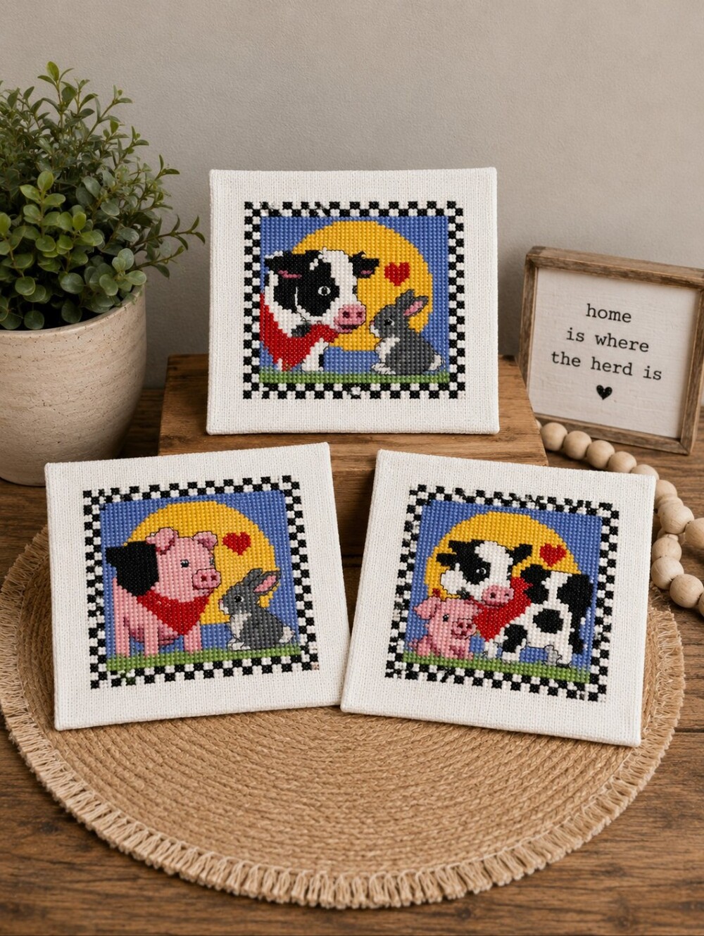 Vintage Completed Cross Stitch Farm Animals Cow Pig Rabbit Set of 3